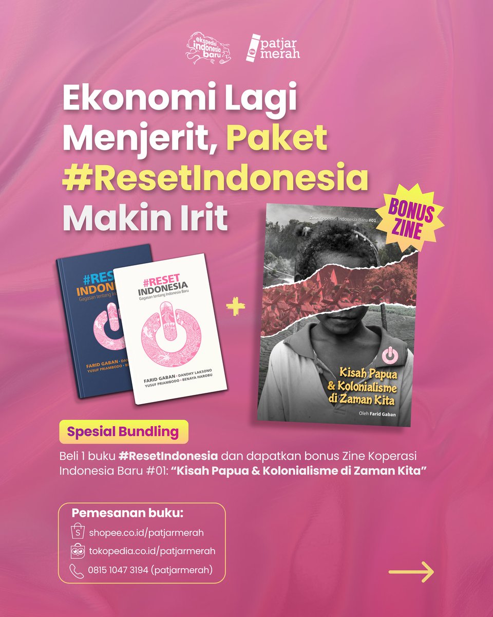 idbaruid's tweet photo. Saat kita kesulitan mengelola gaji agar cukup sebulan, masih adakah ruang untuk menambah pengetahuan, peduli sesama, dan bergerak ke arah perubahan? 

Kami merasakan keresahan yang sama. Untuk tetap menyebarkan gagasan di situasi mencekik ini, kami menghadirkan paket irit bundling buku #ResetIndonesia.

Dengan membeli buku #ResetIndonesia kamu dapat gratis zine edisi Kisah Papua dan Kolonialisme di Zaman Kita. 

Dapatkan bukunya dengan menghubungi nomor 0815 1047 3194 (patjarmerah) atau pesan melalui jaringan toko buku @patjarmerah_id

Mari mulai perubahan besar Indonesia sejak dalam pikiran.