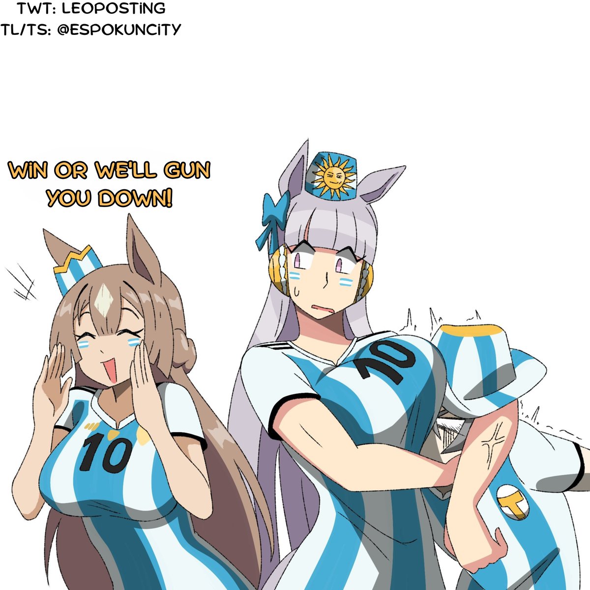 EspokunCity's tweet photo. Chill Day by @LeoPosting 

Please support the original artist's works!

#SpainTranslation #UmaTranslations #Umamusume #ウマ娘 #ウマ娘譲 #SatonoDiamond
-----------------------------------------------
It's actually based on the well-known Argentine fan song/chant “Vuelvan a salir campeones o los cagamos a tiros”

And you wonder why Argentina can make a comeback. They are powered by Dia-chan.