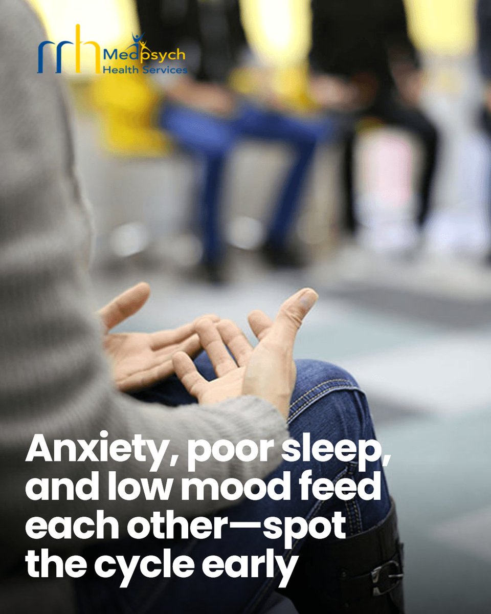 medpsychmd's tweet photo. Anxiety, poor sleep, and low mood can feed into each other and feel overwhelming. Recognizing the cycle is the first step. Support is available. Schedule your appointment today!

Call us at 240-464-8000 https://t.co/XnvjyiZoOV #counseling #Psychotherapy https://t.co/0TpqSPJ4A1