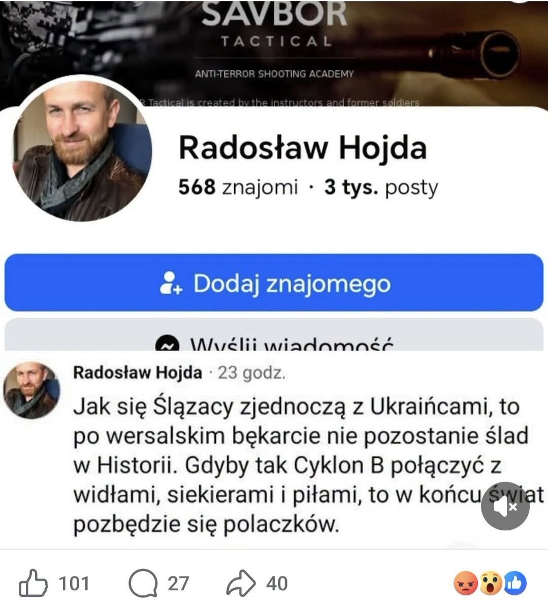 RM44590's tweet photo. Skąd nienawiść do Polski i Polaków?
 Radosław Hojda wiceprezes firmy z Poznania pisze że trzeba połączyć cyklon B z widłami i siekierami, "żeby pozbyć się polaczków". 
O ironio pisze to człowiek który wysoki status ekonomiczny zawdzięcza właśnie Polsce i Polakom. https://t.co/mPfKpZfPmX