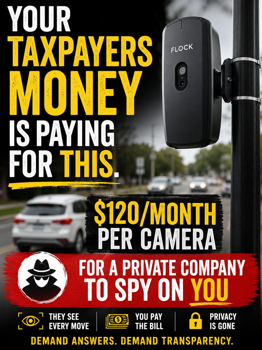 OCOCReport's tweet photo. Your town is paying $70–$120 per month per camera to a private company to spy on you.
This is your money being stolen to build a surveillance state.
Demand answers NOW. https://t.co/WI11TGnBS5