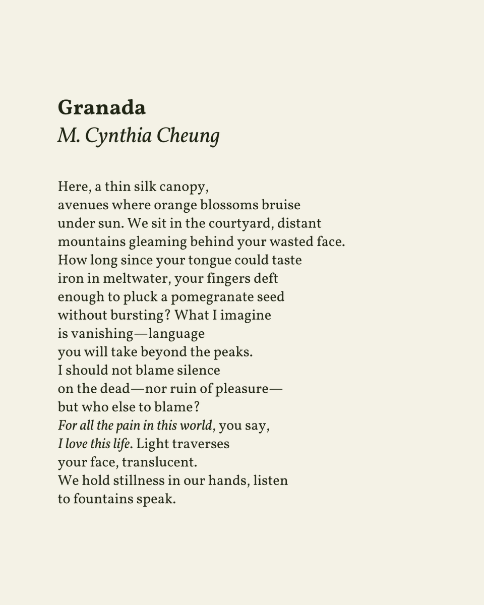 readalittlepoem's tweet photo. “What I imagine / is vanishing—language / you will take beyond the peaks.”

— M. Cynthia Cheung

.
.
.

This poem appeared in Lunch Ticket, Issue 28: Winter/Spring 2026. Shared here with deep gratitude. https://t.co/EV2z8ZP6HX