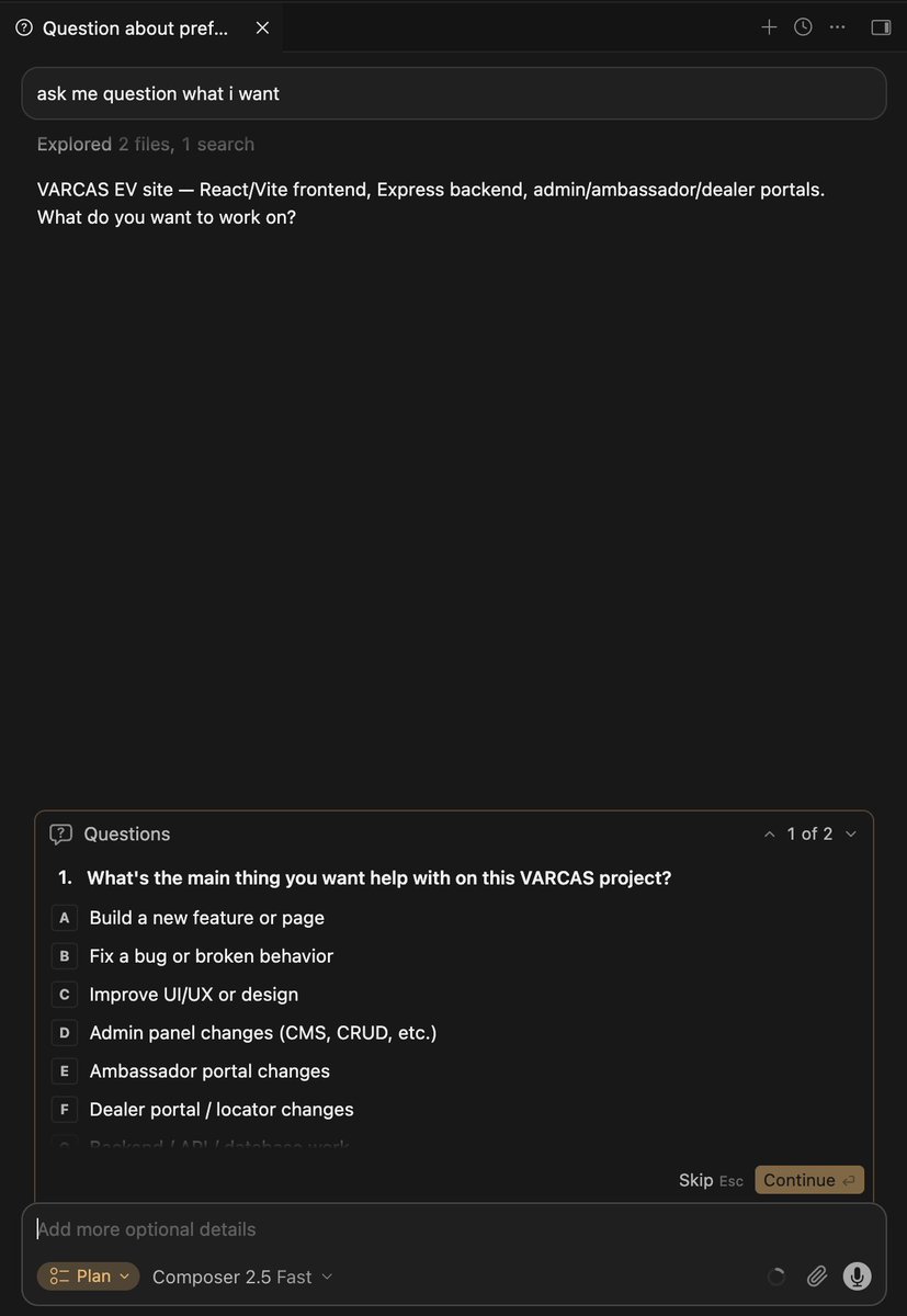 heyzagham's tweet photo. When I use Composer 2.5 in Cursor’s Plan Mode, it opens a proper question window with selectable options. But with Grok 4.5, no question window appears—it just asks me to type the answers manually.

Is this a bug or a model limitation? @cursor_ai  @leerob @ericzakariasson https://t.co/nbSpiomovl