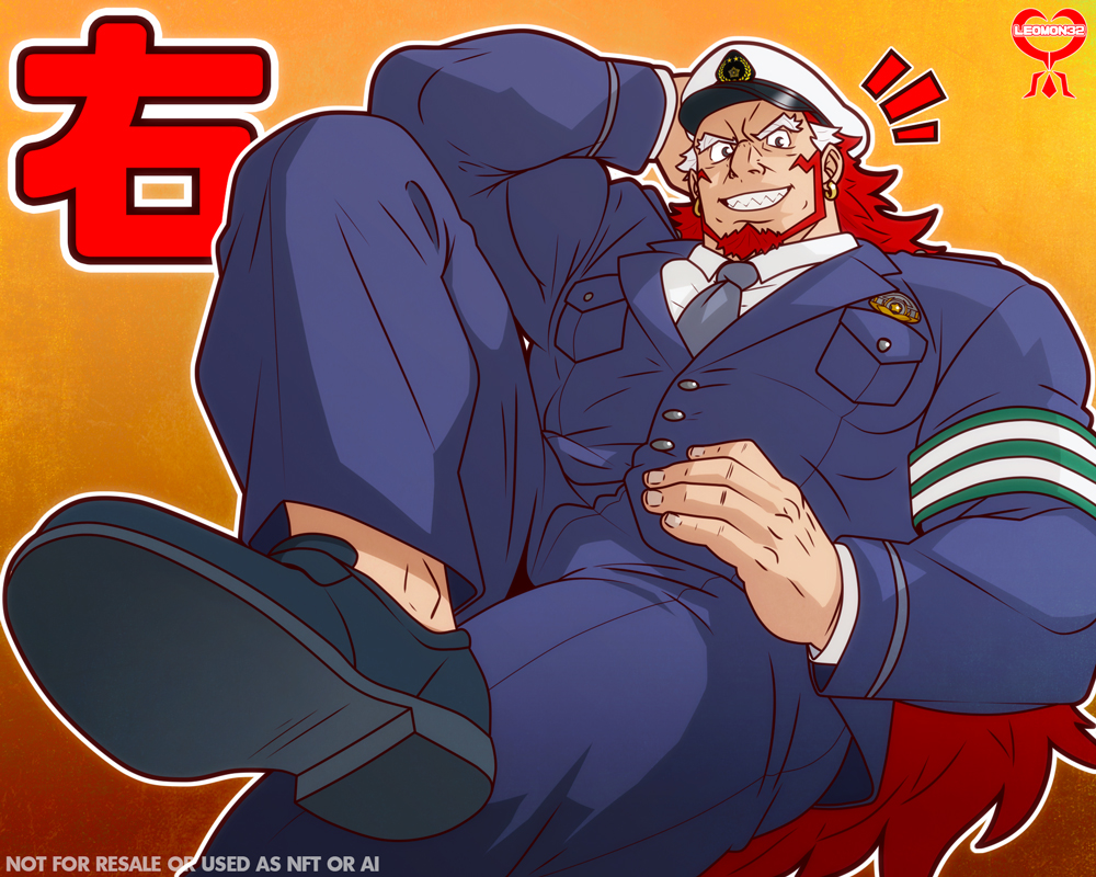 leomon32's tweet photo. Under that third heatwave, here is another Right, inspired by the recent reveal of the police uniform material! #bara #muscles #yominotsugai #Right #右 #黄泉のツガイ https://t.co/Y2nyysuuTy