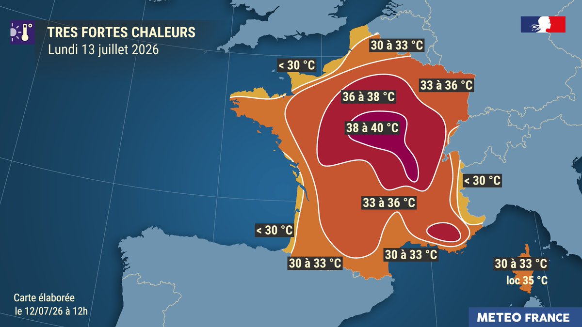 VigiMeteoFrance's tweet photo. La vague de chaleur se poursuit, les journées et les nuits à venir vont être étouffantes.
⬇️Aperçu des températures prévues pour lundi et mardi https://t.co/W5kS7INGjk