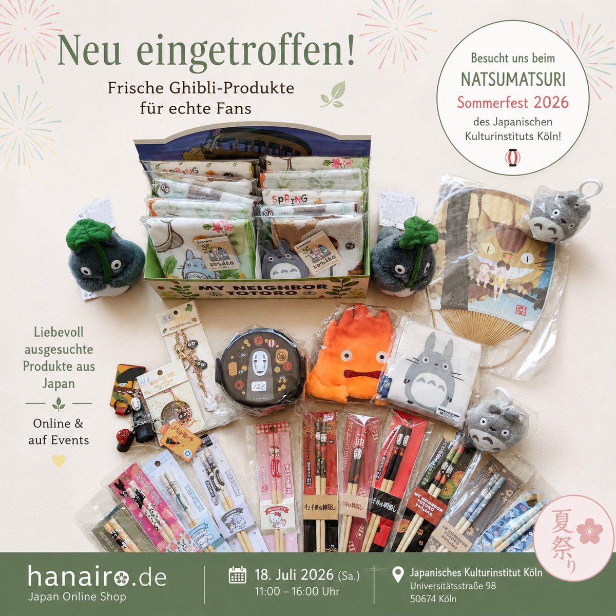 HanairoD6523's tweet photo. Neu eingetroffen! 

Viele neue Studio Ghibli Artikel sind da! 
Besucht uns beim Natsumatsuri 2026 des Japanischen Kulturinstituts Köln.

📍 18. Juli 2026 | 11:00–16:00 Uhr
📍 Japanisches Kulturinstitut Köln

https://t.co/cMhwJMeyht https://t.co/HY04JWUlCW