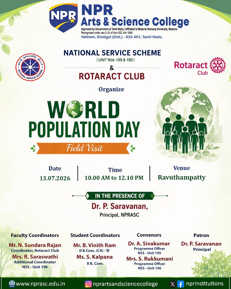 nprinstitutions's tweet photo. NSS & Rotaract Club of NPRASC visit Ravuthampatty for World Population Day (10:00 AM-12:10 PM) with Principal Dr. P. Saravanan to promote a sustainable future.
#NPRASC #WorldPopulationDay #NSS #Rotaract #CommunityService #NPR #NPRGI #NPRCOLLEGE #NPRNATHAM #HappyMindsHappyCampus https://t.co/i5g9vCKaOb