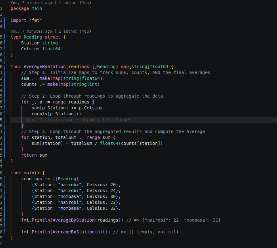 carrotdev_'s tweet photo. In Go you can overwrite a map's values while ranging over it — mutating existing keys mid-range is safe; only adding NEW keys is unspecified. Turned my sums map into the averages map in place.
#golang https://t.co/FhIq5bIkho