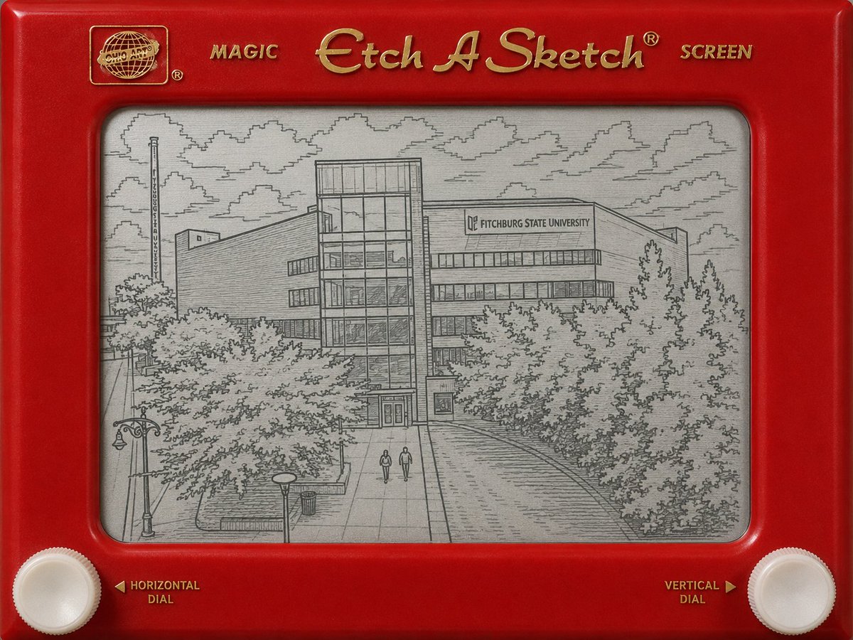 Fitchburg_State's tweet photo. We’re celebrating #EtchASketchDay by taking the iconic Hammond building view old-school. One wrong turn of the knob and we’d have to shake it up and start all over.
#EtchASketch #Flashback #RetroArt #Nostalgia https://t.co/2XKa2VZS8H