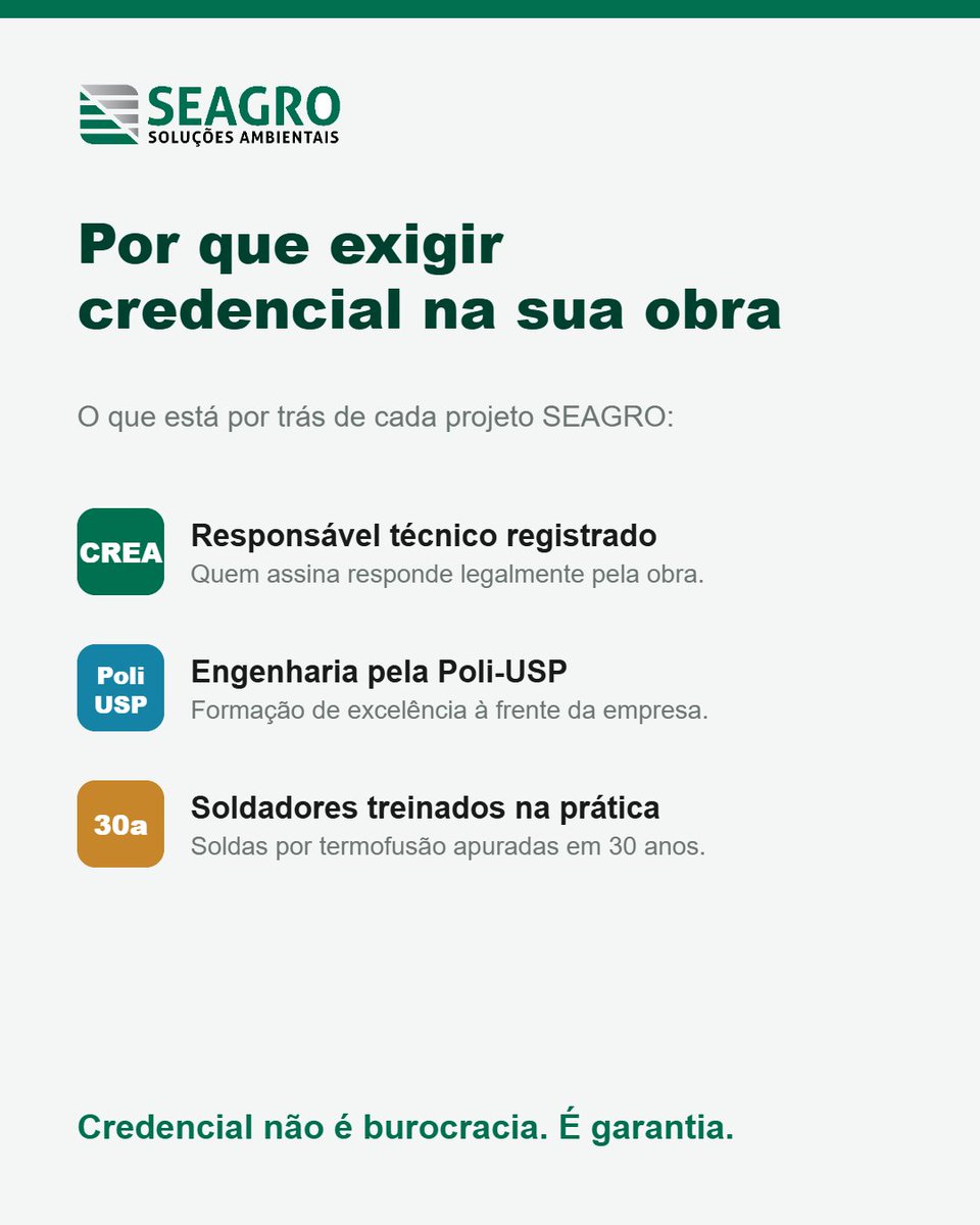 seagroeng's tweet photo. Antes de fechar por m², pergunte: quem responde tecnicamente pela obra? Na SEAGRO: responsável técnico CREA, engenharia Poli-USP, soldadores treinados. Estanqueidade não é sorte. #CREA #geomembrana https://t.co/56MpewbXx5