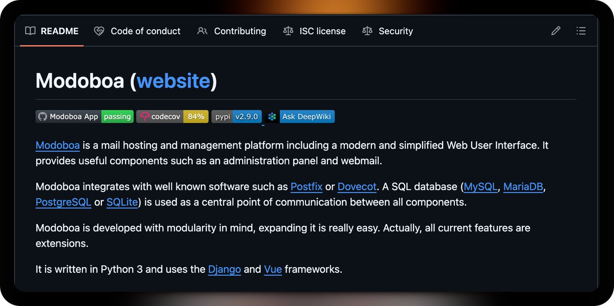 GithubProjects's tweet photo. Modoboa bundles Postfix, Dovecot, and Django into a self-hosted mail platform with a Vue-based UI. It includes a webmail, calendar, and DMARC reporting, all modular via extensions.

Explore it here:
https://t.co/tw7GfMKwpg https://t.co/G31kHnPivj