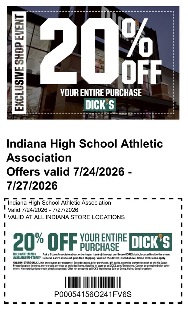 TCES_Tigers's tweet photo. To celebrate our partnership with DICK’S Sporting Goods, we’re excited to announce an IHSAA In-Store Appreciation Weekend on Friday, July 24, 2026 - Monday, July 27, 2026 at ALL DICK’S Sporting Goods locations in Indiana! Here is your coupon for 20% off your entire purchase. https://t.co/fmDhC6Mp9w