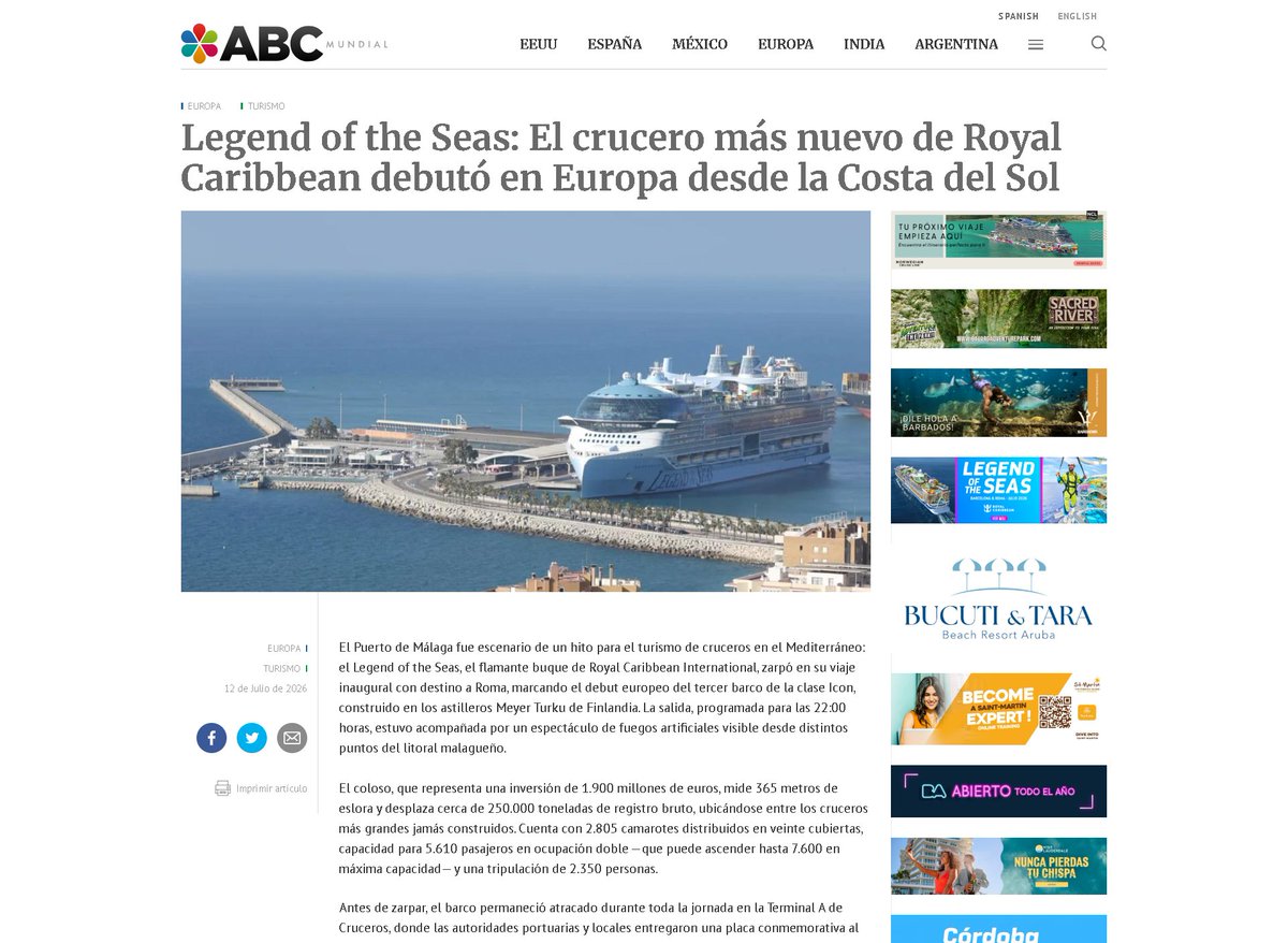 ABCMundial's tweet photo. Legend of the Seas: El crucero más nuevo de Royal Caribbean debutó en Europa desde la Costa del Sol
#LegendOfTheSeas #RoyalCaribbean 
@RoyalCaribbean 
https://t.co/MxBfnNaHfz https://t.co/2UspEk5JK6