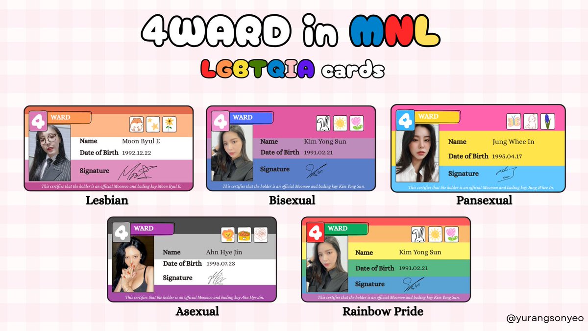 yurangsonyeo's tweet photo. 🌟MAMAMOO 4WARD IN MNL FREEBIE🌟

Hi, Moos! I made LGBTQIA ID-like cards for my freebie idea since majority of our fandom is part of the community :> 
🌈Limited quantity 1:1
🌈Each member has 5 flag designs

Disclaimer: am not artistic so don't expect the quality😅
See you! https://t.co/aYLCDshU8m