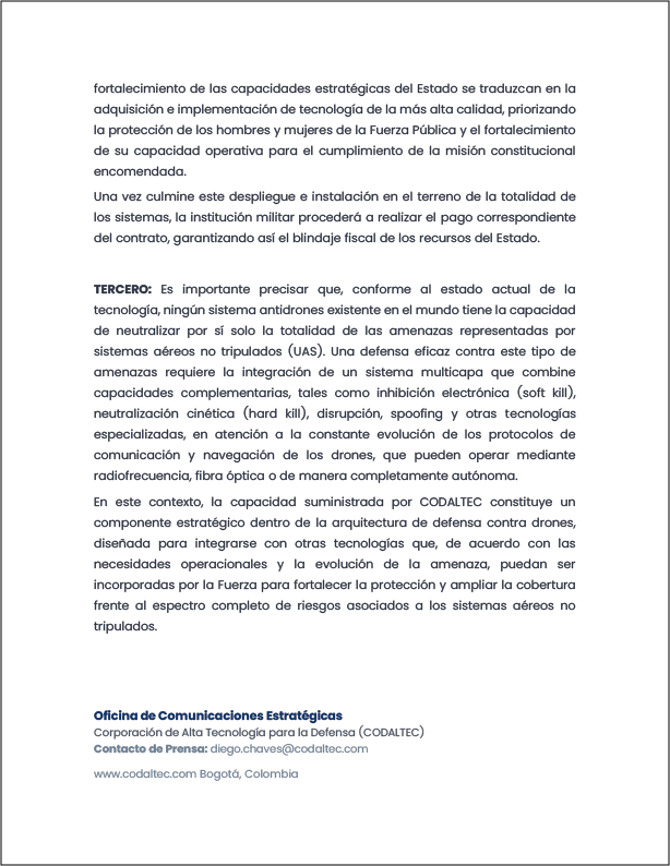 Codaltec's tweet photo. Ante las versiones imprecisas difundidas por medios de comunicación sobre un contrato de #antidrones, informamos que el despliegue avanza al 70% sin novedad y las pruebas técnicas han sido satisfactorias. Los recursos del Estado están plenamente blindados #tecnología Int. C UAS https://t.co/cPE5zlDgFy