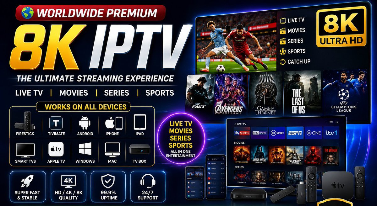 ZunildaMorquil's tweet photo. 📩 من يحتاج إعداد IPTV بريميوم بدقة 4K / 8K لجميع أنواع الأجهزة؟ 🔥📺

✅ يدعم جميع الأجهزة:
Firestick • Android TV • Smart TV • iPhone &amp; iPad (iOS) • اللابتوب • الهواتف الذكية • Samsung TV • Tivimate

🇬🇧🇺🇸 أفضل تجربة مشاهدة للمملكة المتحدة والولايات المتحدة. https://t.co/lUY6hfzNmx