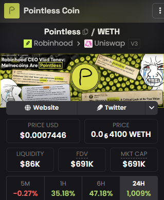 CryptoRilsio's tweet photo. All these coins are pointless

$Pointless Coin is still at 700k

Use your brain, this is insanely early

There are coins running to multi-millions right now and those exact coins are COMPLETELY POINTLESS

That's why memecoins are beautiful, you make money on something Pointless

$Pointless Coin deserves to be the main runner, Vlad literally said it, memecoins are pointless

Agree? @vladtenev 

Send the $Pointless Coin!

0x71a9835b8c4df70bdae613b1cfa91bf35240de4e