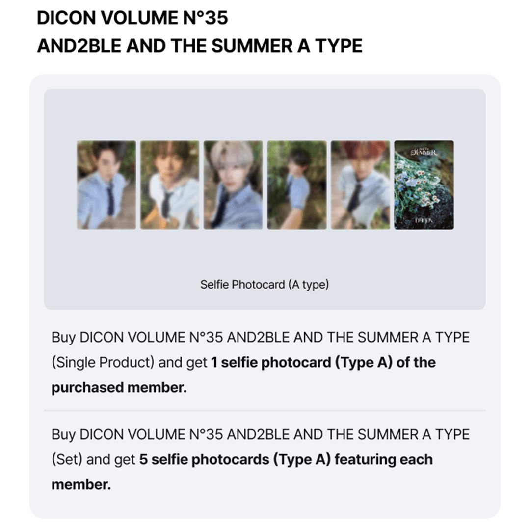 longkaidoo's tweet photo. DICON VOLUME N°35 AND2BLE AND THE SUMMER

🎁 Selfie Photocard (A TYPE) > รับตาม MEMBER ที่เลือก

DICON MAGAZINE : 225 × 290mm (176 page)
DICON MAGAZINE : 1 EA
SELFIE PHOTOCARD : 5 EA
PHOTOCARD CASE : 1 EA
LUCKY PHOTOCARD : 5 EA
INSTANT PHOTOCARD : 5 EA https://t.co/nT5nwZrJxB