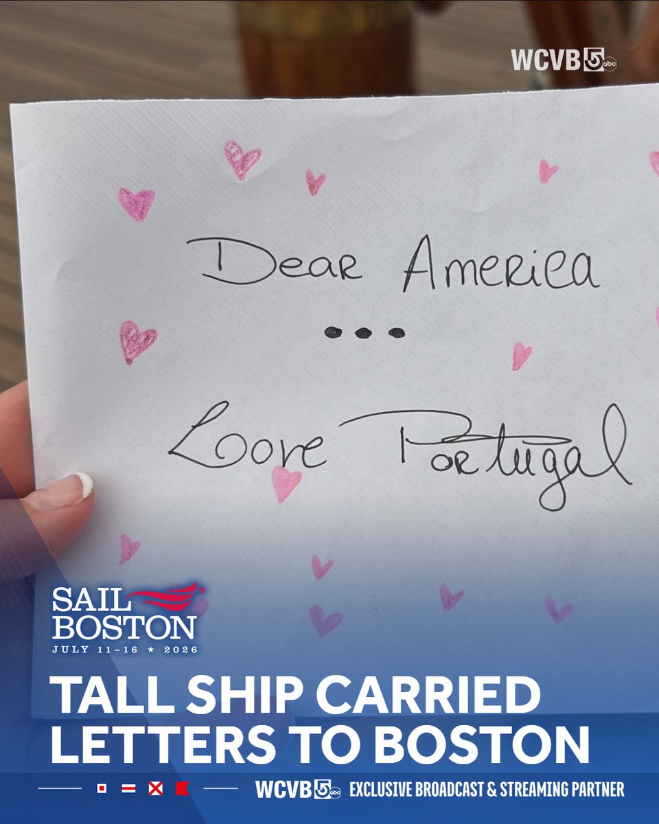 WCVB's tweet photo. "Dear America, Love Portugal" 
Hundreds of letters for Boston-area students were carried across the Atlantic by a historic tall ship that's visiting for Sail Boston. 
https://t.co/G4M9vg9cgW 
#Portugal #penpal #Sagres #Boston #Revere https://t.co/C3IQVF3CSf