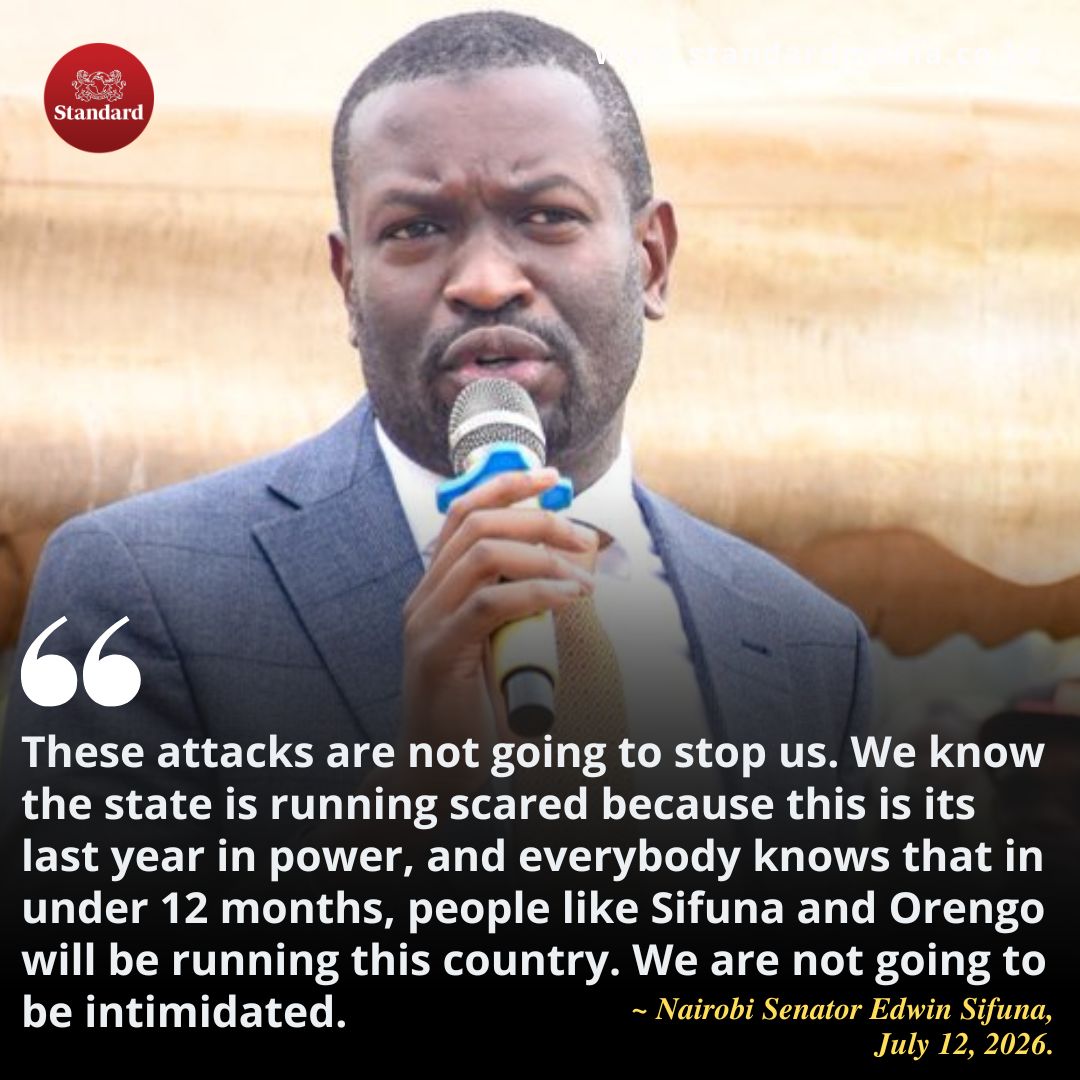 StandardKenya's tweet photo. Nairobi Senator Edwin Sifuna: These attacks are not going to stop us. We know the state is running scared because this is its last year in power. https://t.co/Ysrzm7aPV1