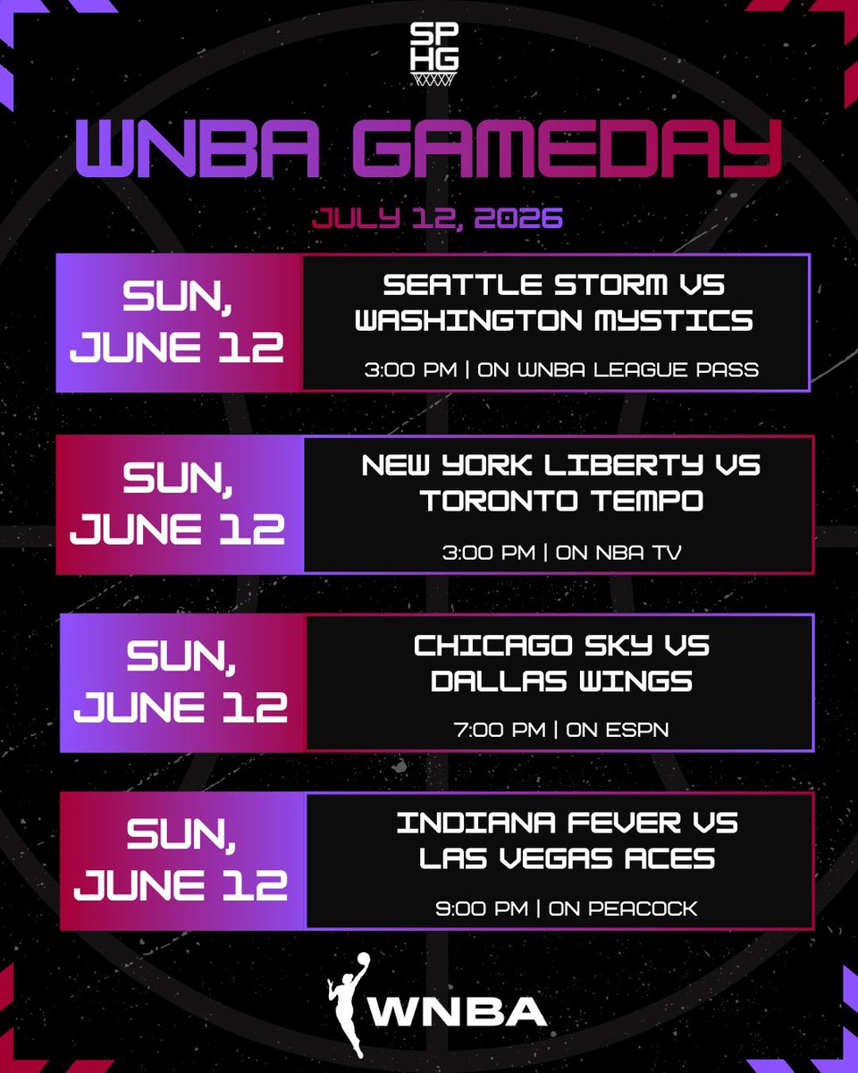 SPHerGame's tweet photo. 🏀Today’s WNBA Games on Sunday🏀

To Watch📺: 
Storm 🆚 Mystics at 3 PM on WNBA League Pass
Liberty 🆚 Tempo at 3 PM on NBA TV
Sky 🆚 Wings at 7 PM on ESPN
Fever 🆚 Aces at 9 PM on Peacock

#WNBAGameDay https://t.co/u5qxZdgnea