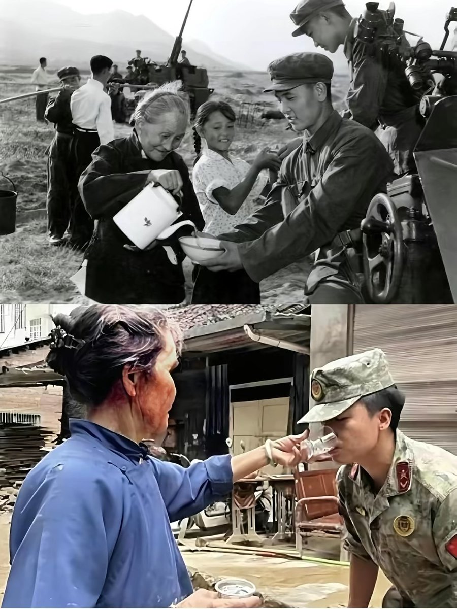 XueJia24682's tweet photo. ✨🇨🇳Do you know why Chinese soldiers are called "The People's Sons"? Look at these two photos. 

Top: Decades ago, locals sharing water with training troops.
Bottom: Today, a grandma feeding water to a young rescuer during floods.

They defend the land; the land nurtures them. It’s not just duty; it’s family. ❤️