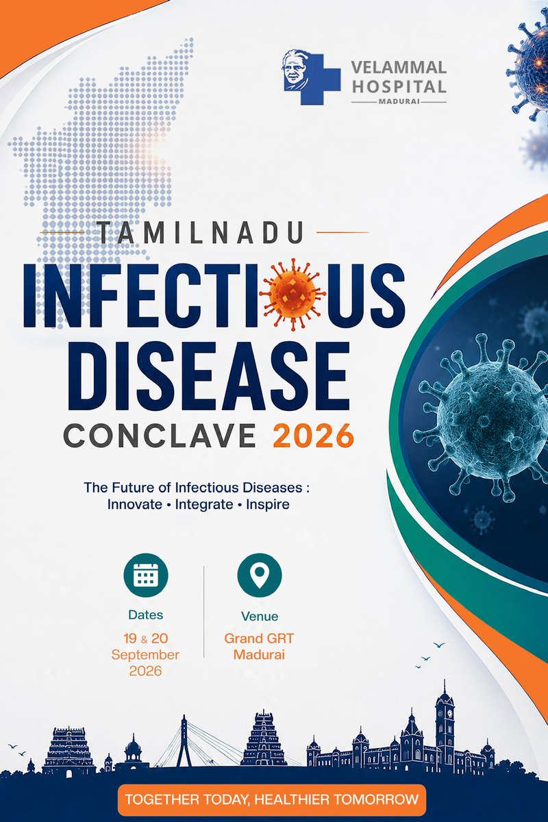 santhanam07's tweet photo. Save the Date!
The Tamil Nadu Infectious Disease Conclave 2026 will be held on 19–20 September 2026 at Grand GRT, Madurai.
Join us as we innovate, integrate, and inspire the future of infectious disease car #CIDSINDIA  #IAMMINIDA #APIINDIA #IAPINDIA #IAMMINDIA #CIDSCON #MICROCON https://t.co/FwYeSkR6e4