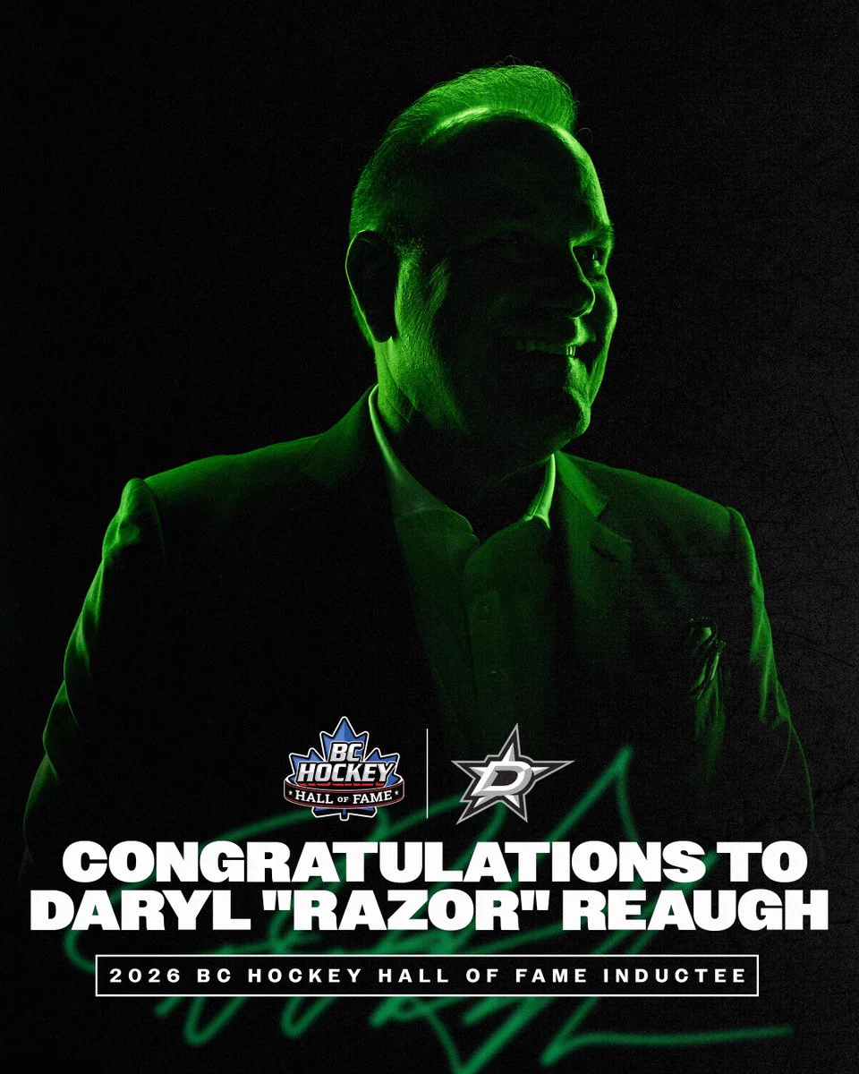 A portrait of Daryl Reaugh in green lighting behind text that reads "Congratulations to Daryl 'Razor' Reaugh - 2026 BC Hockey Hall of Fame Inductee"