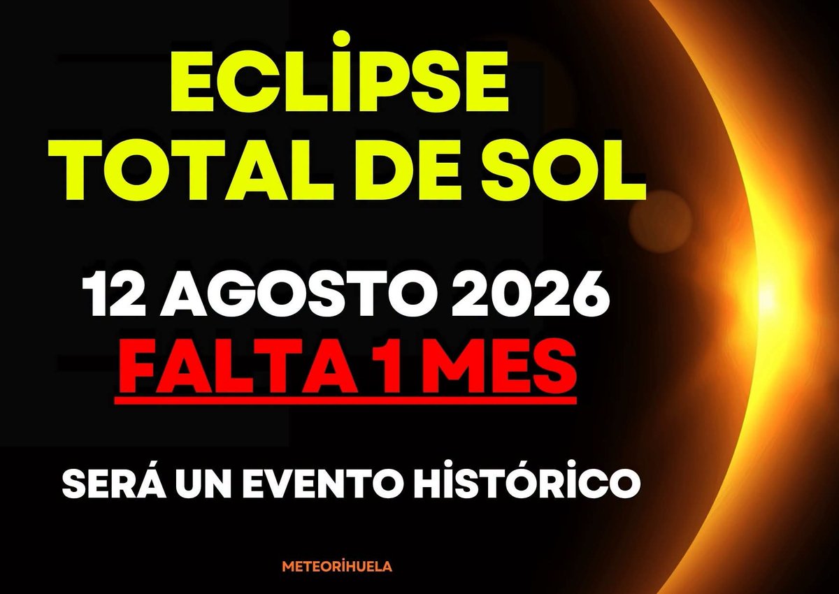 MeteOrihuela's tweet photo. #EclipseTotalDeSol. Falta solo 1 mes. Evento histórico. El Sol, la Luna y la Tierra se alinearán y la sombra de nuestro satélite pasará por #España. De hecho, nuestro país va a ser el mejor lugar del Mundo para contemplarlo. Utilizar sí o sí gafas especiales o métodos indirectos. https://t.co/3k1xvrq5sz
