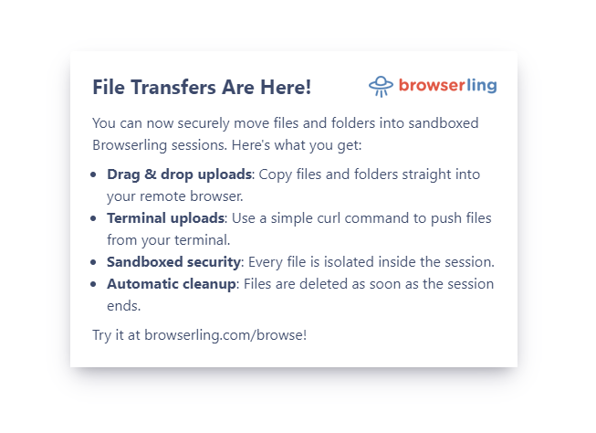 browserling's tweet photo. File transfers are now live in Browserling! You can now drag and drop files and folders directly into your sandboxed Browserling sessions, or upload them from your terminal with curl. All files are automatically deleted when your session ends. Try it now: https://t.co/CyZxWChTZA https://t.co/VMaTjadj4P