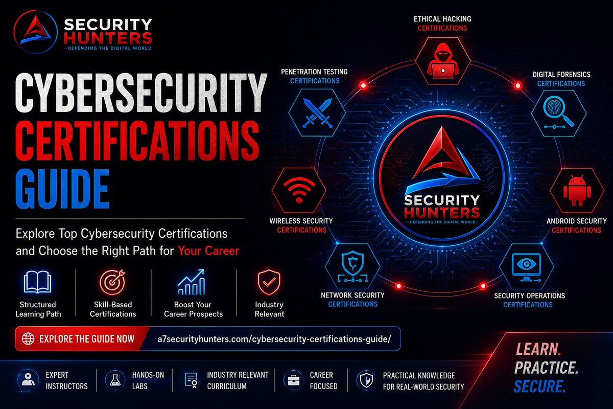 A7SecHunters's tweet photo. 🚀 Build practical cybersecurity skills with the right certification.

Explore learning paths in: 🔐 Ethical Hacking 🛡️ Penetration Testing 🔍 Digital Forensics 🌐 Network Security 📱 Android Security

Start here: https://t.co/GcYfwJxYVL

#CyberSecurity #EthicalHacking https://t.co/o9yIAnQrM5