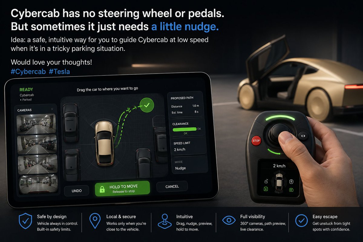 hackolade's tweet photo. @elonmusk A wheel-less Tesla still needs a graceful way out of edge cases. What about a low-speed “guided maneuver” mode: the owner selects the desired position, the car plans the path, and onboard safety retains full control. Tablet or dash-based, no steering wheel required. https://t.co/bbxQo8FuAO