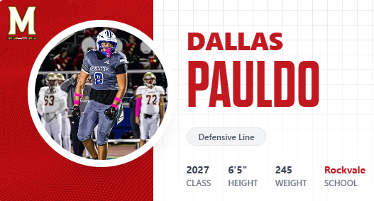 CSmithScout's tweet photo. New #Maryland Commitment: @DallasPauldo  #Big10 

- True Def. End prospect; Edge setter vs. the run
- Shows pass rush upside; Strong hands/solid arm length
- Good build/frame for added size; Nice power profile

#RocketsUp  #MidTN27

#CSS  #PRZTN  #TNHSFB

https://t.co/ox6buLIism https://t.co/5ZUpETTTpT