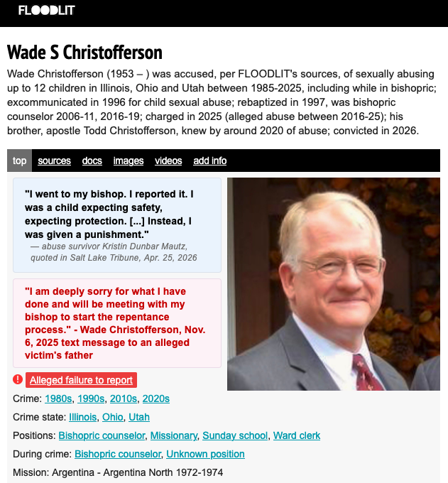 floodlitorg's tweet photo. Mormon apostle's brother Wade Christofferson convicted of crimes related to child sexual abuse
https://t.co/dDvB0Lt7V4

News reports are not telling full story that FLOODLIT broke in 2025

Six LDS church officials allegedly received reports of abuse but didn't tell police https://t.co/2QMbvkfc5p