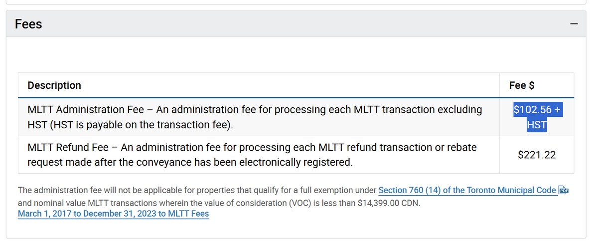 MikePMoffatt's tweet photo. This is absolutely bananas. The City of Toronto charges a $102.56 + HST fee as a processing fee to pay the City of Toronto's own land transfer tax.

Source: https://t.co/efW8WrUAZK https://t.co/GnFby6ZXji