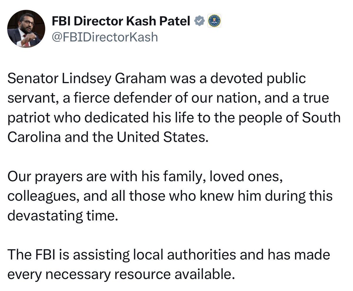LauraLoomer's tweet photo. BREAKING:

The @FBI is now investigating Senator Lindsey Graham’s sudden death and is “assisting local authorities and has made every necessary resource available.” 

It’s imperative that the FBI conducts their own toxicology report on Senator Graham. The DC crime lab is incompetent. 

@FBIDirectorKash