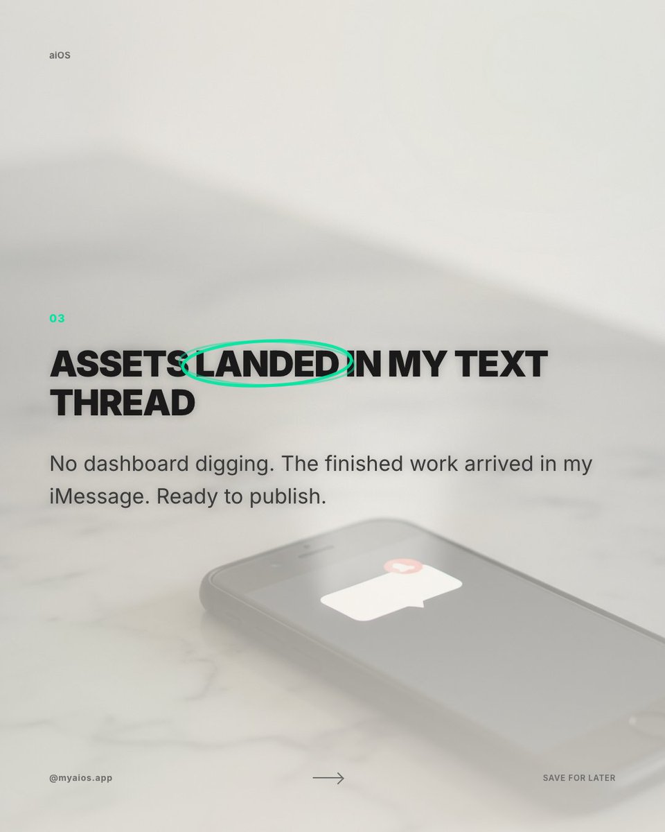 aios_app's tweet photo. Your weekend is gone. Not because you’re lazy, but because you’re manually drafting content that flops. I pointed aiOS at my service idea instead. It drafted the entire first week of posts. The branded carousels landed in my text → https://t.co/E1OdQ9fvAQ https://t.co/x99lVTkx8p