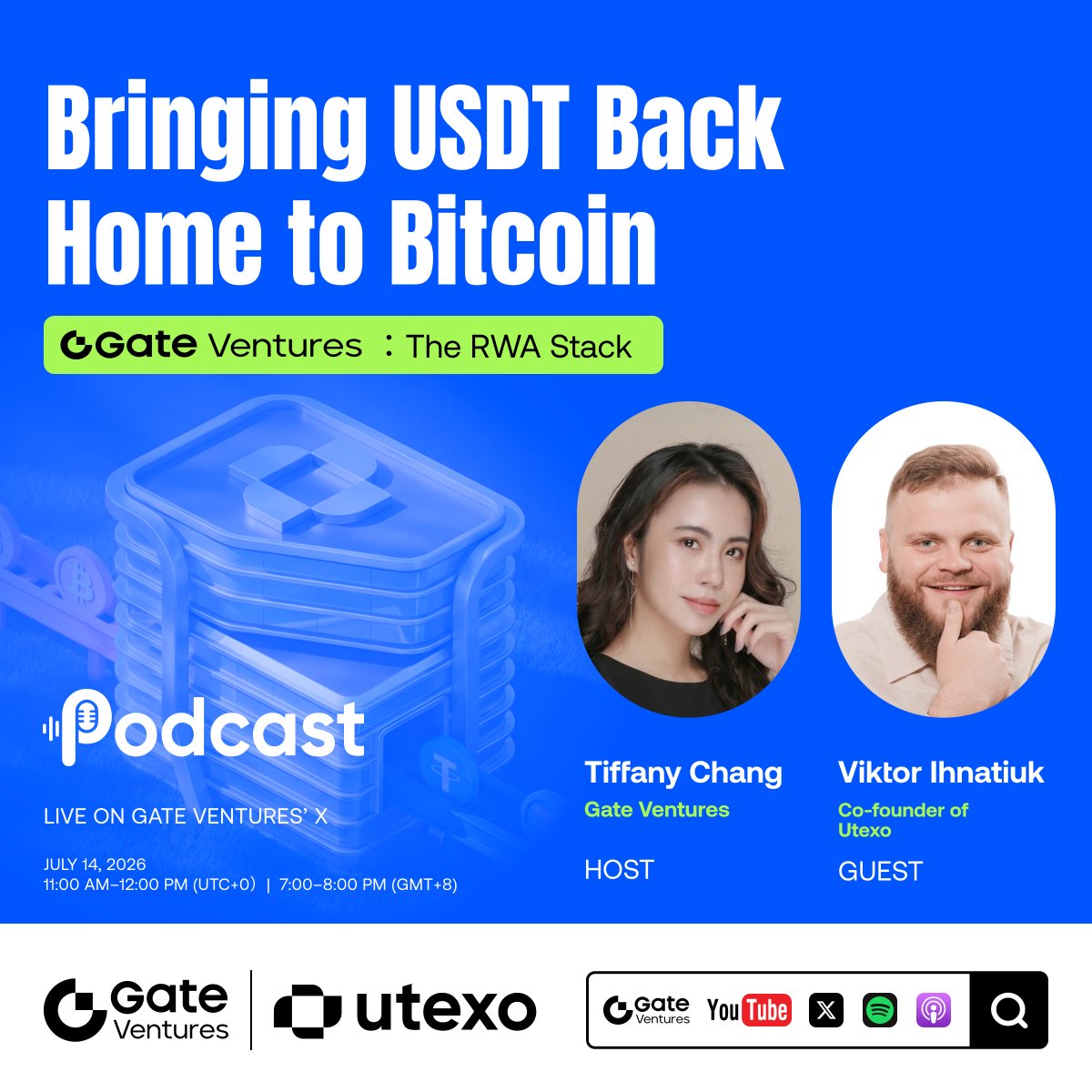 rialofanpage's tweet photo. Gate Ventures Podcast | Ep. 8 🎙️
Bringing USDT back to Bitcoin with Viktor Ihnatiuk (Co-founder, @utexocom &amp; host Tiffany Chang.

Explore Bitcoin-native USDT, confidential compliance, direct BTC–USDT swaps, and the future of payments.

📅 July 14, 11 AM UTC
🔔 Set reminder: 👇 https://t.co/x0bXRM65hZ
