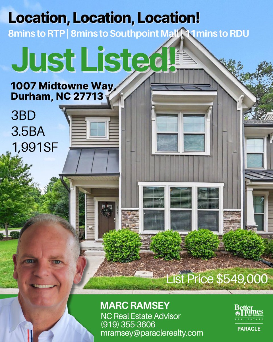 mramseyrealtor's tweet photo. Location, Location, Location!
Just listed, 1007 Midtowne Way, Durham, NC 27713, is a meticulously cared for 3bd/3.5ba, 1,991 sq ft townhome minutes from RTP, RDU, and Southpoint Mall. -Marc Ramsey, NC Real Estate Advisor, Better Homes and Gardens Real Estate Paracle #ExpectBetter https://t.co/eXLkQRB8y6