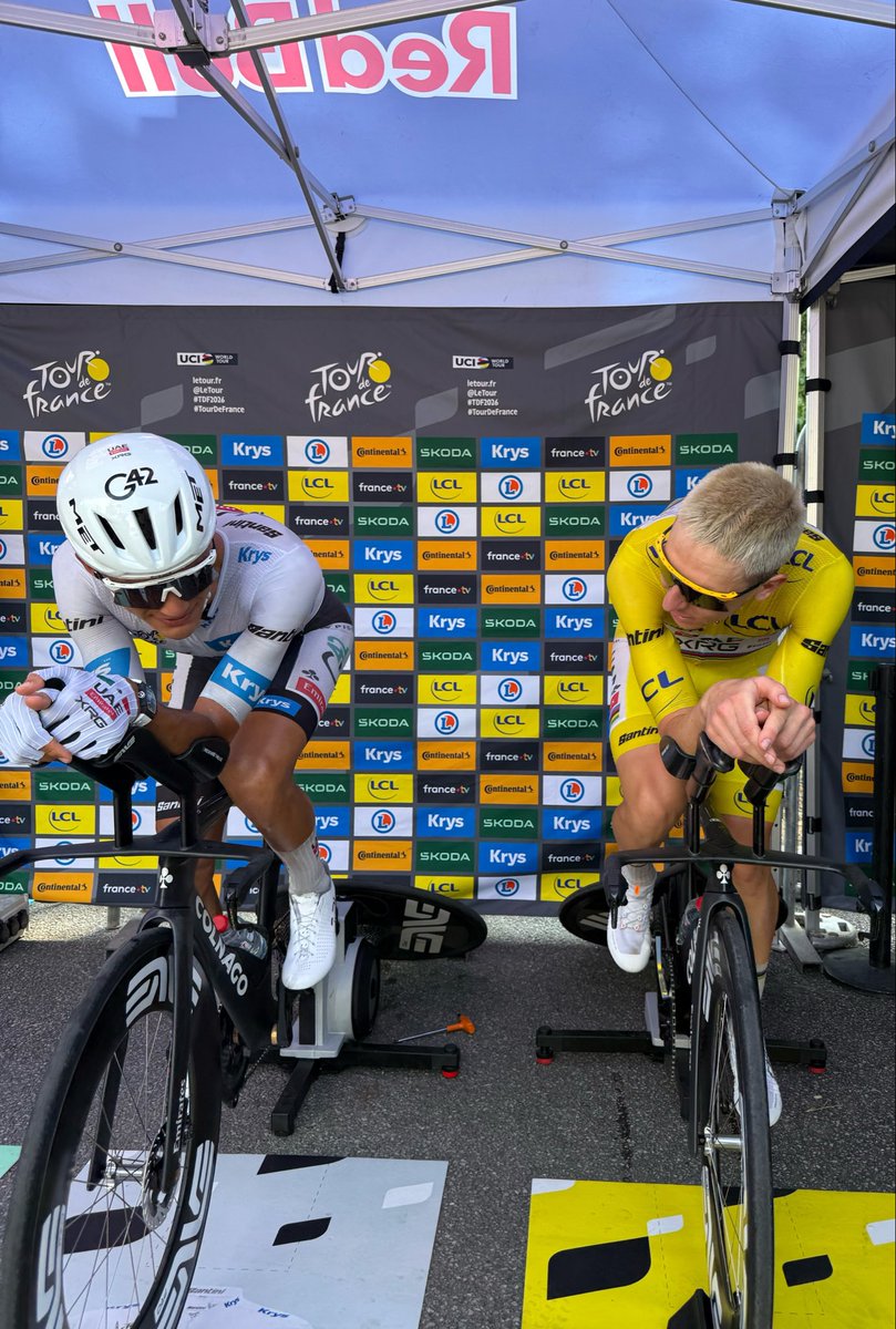 TeamEmiratesUAE's tweet photo. A strong first week of racing 🇫🇷 comes to an end 💛🤍

@TamauPogi leads the #TDF2026 , with @ISAACDELTOROx1 sitting third overall and continuing in the White Jersey.

Good job, boys👏

#WeAreUAE https://t.co/guyhLYffgN