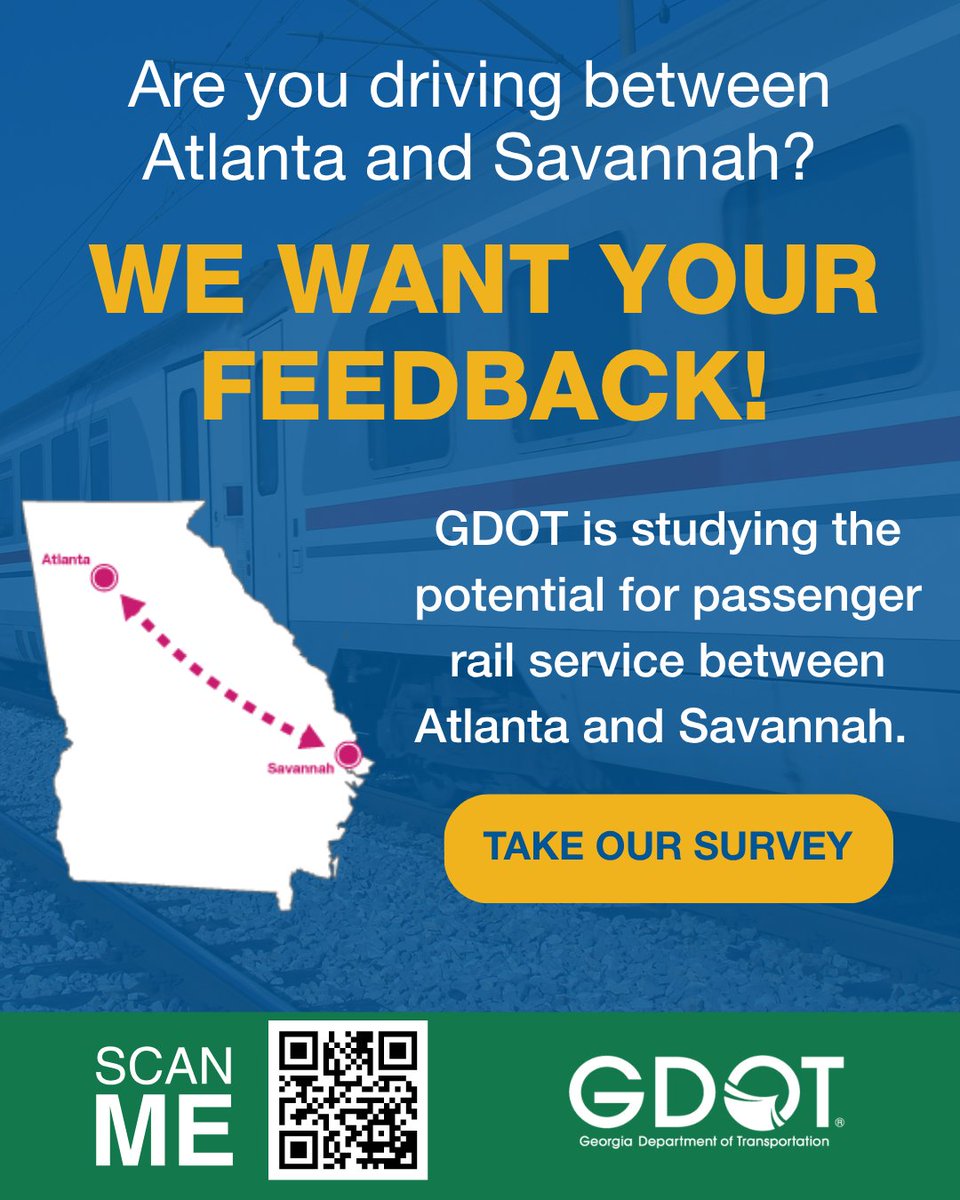 GADeptofTrans's tweet photo. GDOT is exploring the potential for passenger rail service between Atlanta and Savannah. 🚆

What would passenger rail mean for your community, travel options and the future of transportation in Georgia? Share your feedback through August 6.

https://t.co/4cmIfyWXGV https://t.co/zZHZHCdRM7