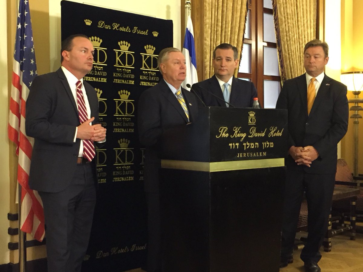 joelpollak's tweet photo. Lindsey Graham leading the Senate delegation to the opening of the US embassy in Jerusalem, 2018. Not one elected Democrat came. Never forget that. A manifestly good event, a change promised by presidents from both parties, and Democrats boycotted. Lindsey Graham was there. 🇺🇸🇮🇱 https://t.co/XQ28SUWTBq