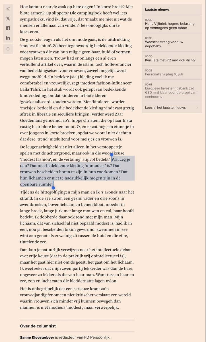 ValavdBoomen's tweet photo. De afgelopen tijd al meerdere artikelen tegengekomen in de oh zo geëmancipeerde ‘kwaliteitskranten’, ter promotie van ‘modest fashion’. Maar zoals Sanne Kloosterboer in deze column terecht tegenwerpt: waarom moet een vrouw zich überhaupt een bescheiden voorkomen aanmeten? De hypocrisie van de zogenaamde inclusiviteitsmaffia is stuitend. Zonder scrupules decennia van strijd en zwaar bevochten verworvenheden aan de kant gezet, alleen maar om te deugen.