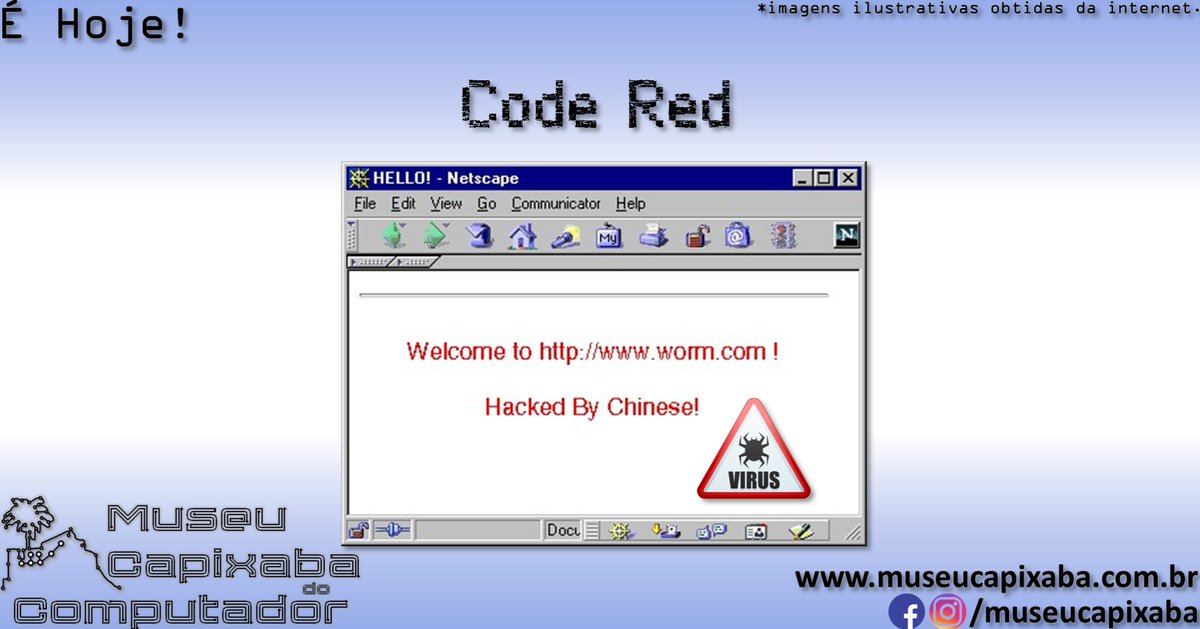 museucapixaba's tweet photo. É hoje! O vírus de computador Code Red faz 25 anos!
+em https://t.co/As90Kbjfqr
#MuseuCapixaba #mcc #éhoje #Museu #OnThisDay #Tecnologia #Retro #Geek #ES #CodeRed #Vírus #Worm #MarcMaiffret #RyanPernmeh #DDoS #eEyeDigitalSecurity #IIS #ISAPI #Windows2000 #WindowsNT #Backdoor https://t.co/emvrLGKZde