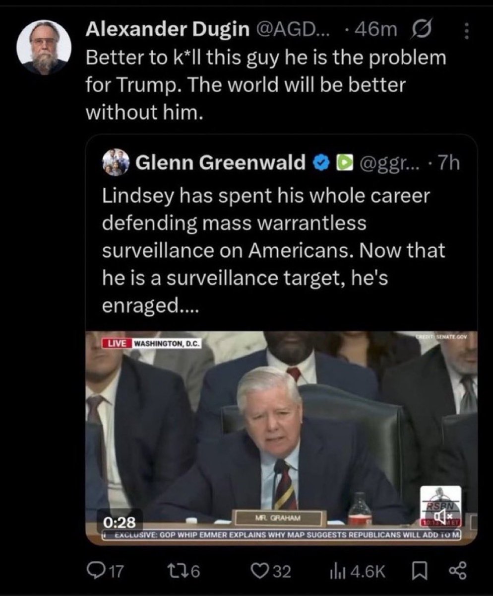 LauraLoomer's tweet photo. NEW:

Not too long ago, Tucker Carlson interviewed Putin Advisor Alexander Dugin @AGDugin who called for Senator Lindsey Graham to be assassinated. Dugin has since deleted the tweet. 

Just a few months ago, Tucker Carlson had blood splatter imagery of Lindsey Graham on his podcast to vilify him with the title, “they’re hijacking MAGA”.

Oddly enough, around the same time this podcast aired, Dugin said the same thing about Graham while Russian state media called for the pro-Ukraine Senator to be assassinated. 

Last week, Iran and Russia called for Graham’s assassination. 

One day after returning from Ukraine, he is now dead.

Poison can cause someone to go into cardiac arrest. 

Was Lindsey Graham assassinated by Russia or Iran? 

It’s time for all of these insane Woke Reich podcasters with ties to Dugin to be investigated by @FBIDirectorKash and @SecScottBessent. It’s obvious these podcasters all have coordinated and nearly identical messaging with Russia, and it’s time for this to be investigated by the DOJ. 

Enough is enough. This is getting very dangerous. 

Why was Tucker allowed to go to Russia and interview Putin and Dugin? 

What’s the real story? 

Why does Dugin promote @TuckerCarlson on a daily basis while calling for the assassination of US lawmakers and the destruction of the United States? 

I hope people in MAGA open their eyes to see just how evil the Russian government really is. 

Something is terribly wrong and I suspect Lindsey Graham was murdered. 

None of this makes sense.