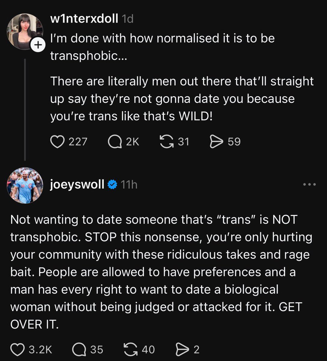 TheJoeySwoll's tweet photo. Men wanting to date biological women is NOT transphobic. How about we normalize that. https://t.co/nBLReqA4qN