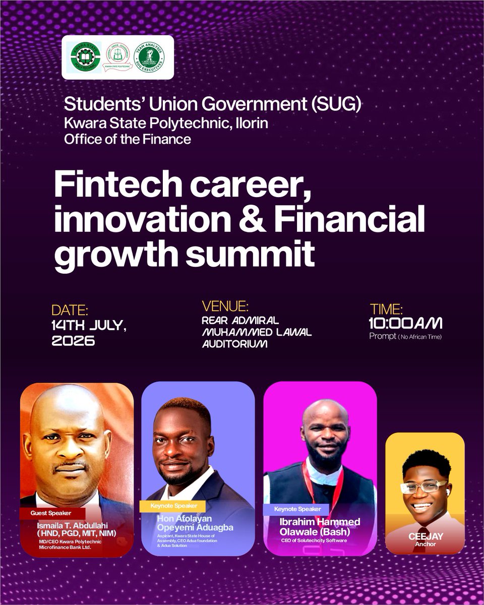Kwarapoly_sug's tweet photo. Meet our Financial Expert, Entrepreneur, Tech Technocrat, and Energetic Anchor, who will be sharing valuable insights on fintech careers, innovation, and financial growth. https://t.co/lFGl8GyV0T