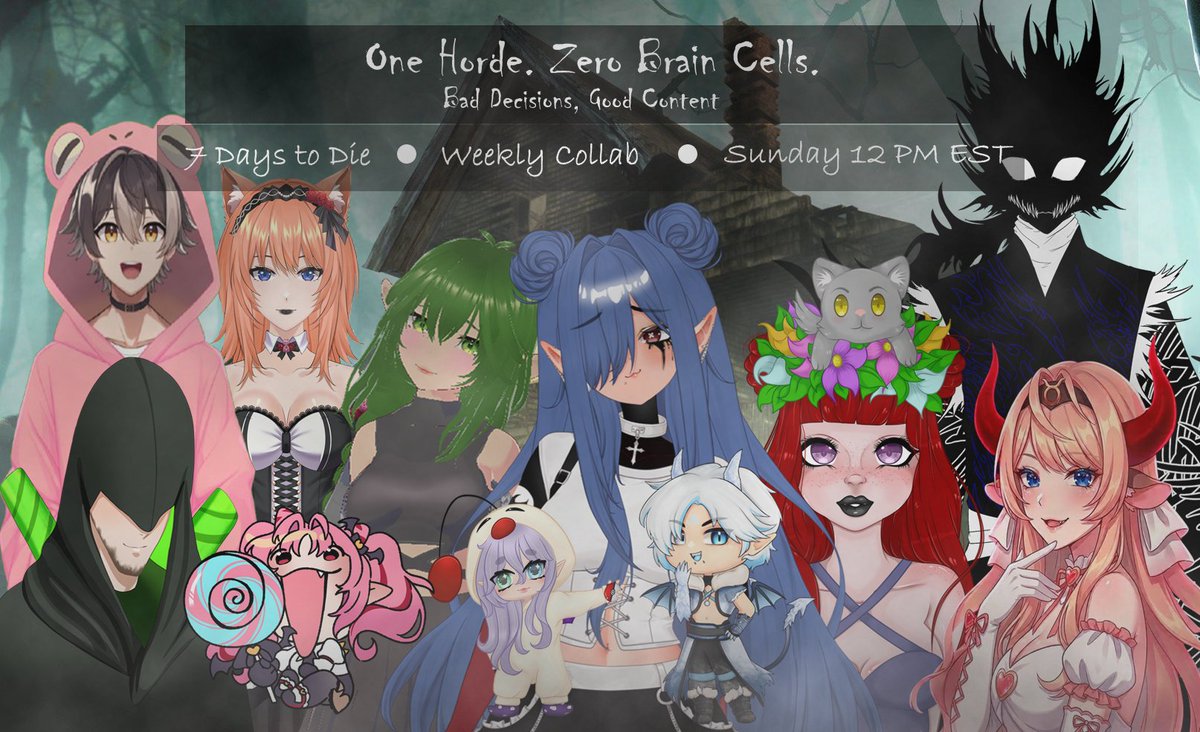 VampyDarling's tweet photo. Week one of fresh collab 7 days to die!
We have an active group coming in and out every Sunday featuring:

@LumiAyashi 
@MatsasinStreams 
@BogPrinceKero 
@xoGaluxy_Dust 
@JokesOnMaestro 
@SinabonVT 
- Willow
- Kirigiri
- Pix

Live:
https://t.co/MiyzlnQGt3 https://t.co/B3Ryhacfzr