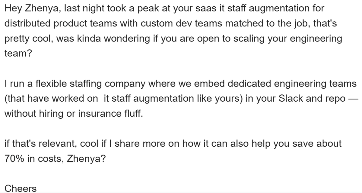 Mirigos_Inc's tweet photo. “I took a look at your company.”
Then they pitched us on doing exactly what our company does.
It is like walking into a restaurant kitchen and offering them someone who can boil water.
Whatever AI wrote this needs an upgrade.

#SalesOutreach #TechHiring #StaffAugmentation https://t.co/wncn0kzfeZ