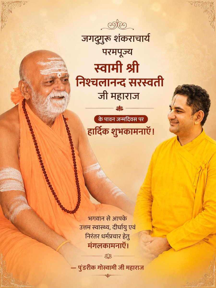 SriPundrik's tweet photo. जगद्गुरु शंकराचार्य परमपूज्य स्वामी श्री निश्चलानन्द सरस्वती जी महाराज के पावन जन्मदिवस पर हार्दिक शुभकामनाएँ।
भगवान से आपके उत्तम स्वास्थ्य, दीर्घायु एवं निरंतर धर्मप्रचार हेतु मंगलकामनाएँ।

— पुंडरीक गोस्वामी जी महाराज

@govardhanpeeth 
@govardhanmath https://t.co/TjZp3aV19q